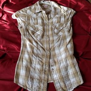 Tan Plaid Button Down Tee